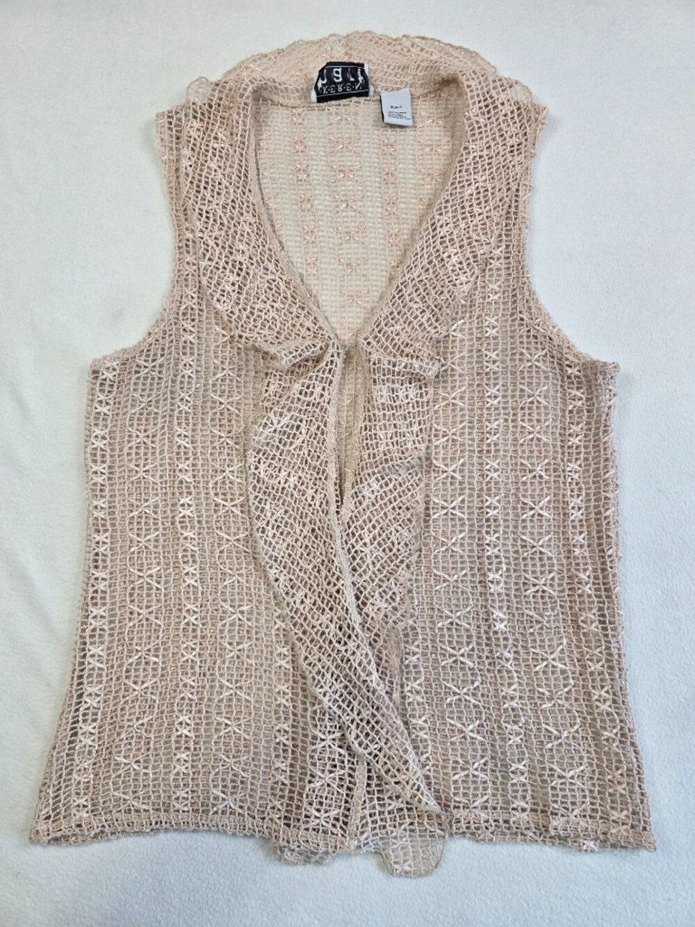 Keren Hart Womens Large Open Knit Sleeveless Vest Beige Boho Western